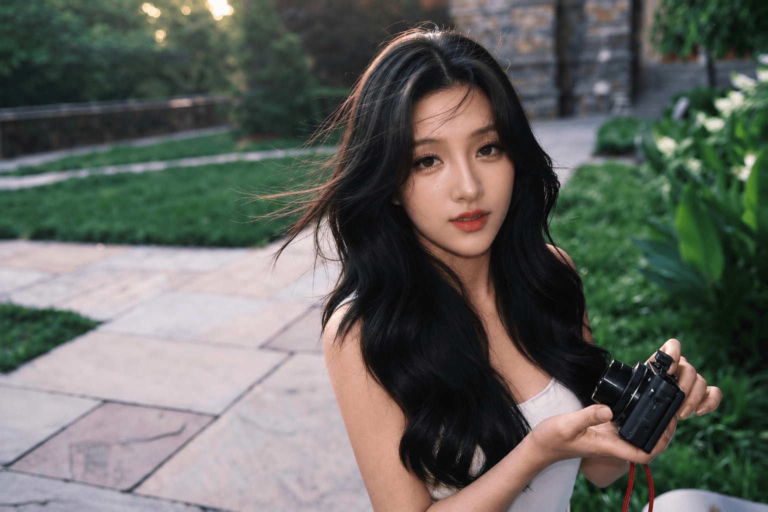 Leila holding her camera in a garden